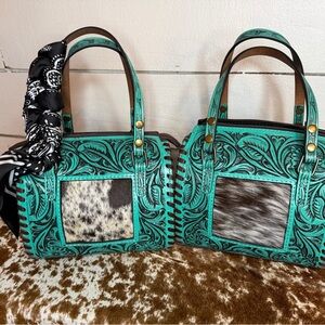 Turquoise Tooled Leather Handbag with Hair-on-Hide Accent mini- only 1 bag
